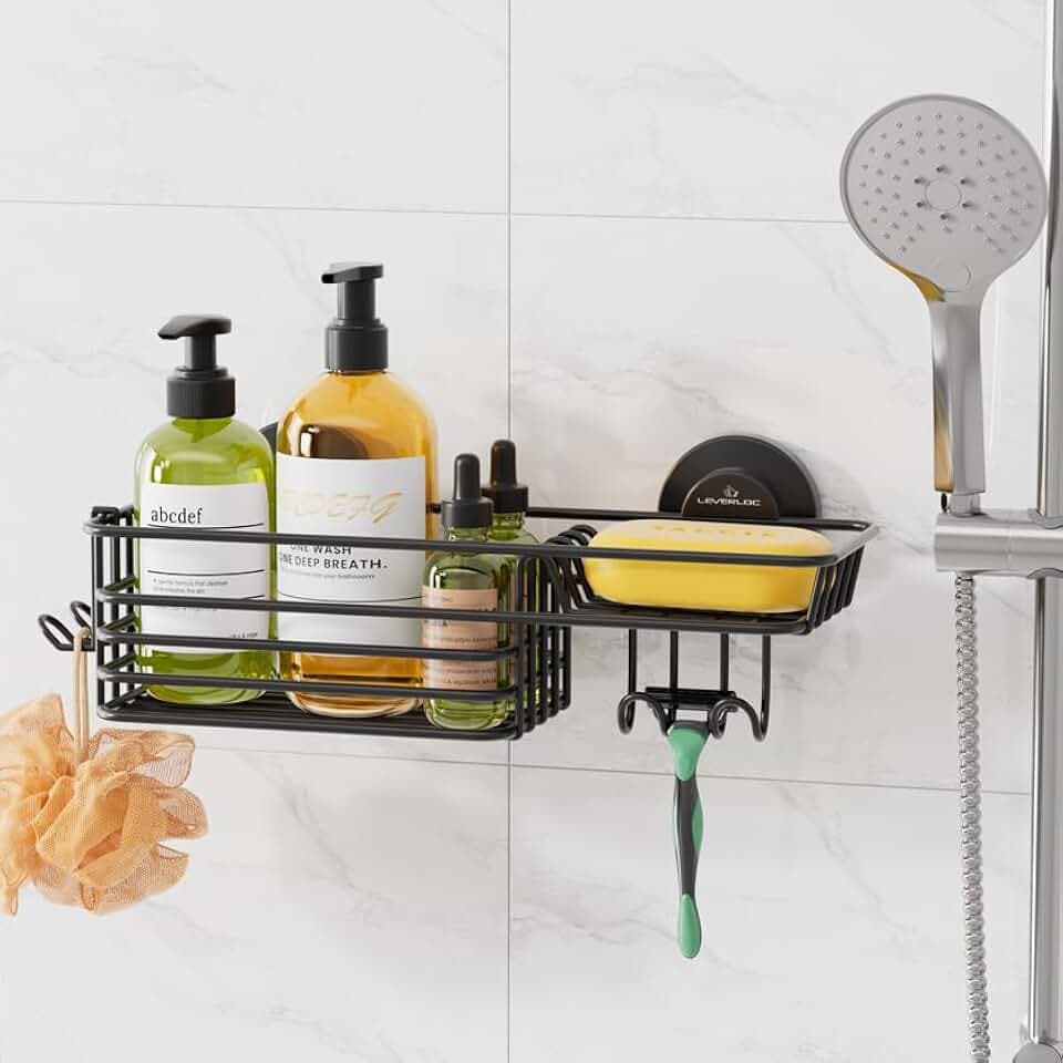 LEVERLOC Shower Caddy Suction Cup, Suction Caddy with Hooks and Soap Holder