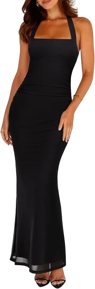 REORIA Women's Sleeveless Mesh Sheer Wedding Guest Maxi Dresses
