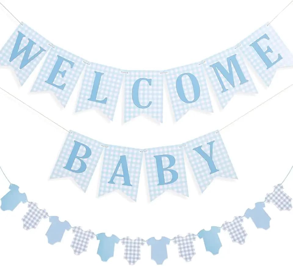 Baby Boy Baby Shower Banner, 2 PCS Pre-strung Blue Gingham Welcome Baby and Body Cloth Banner for Baby Boy Shower Party Decoration (welcome baby-bodysuits)