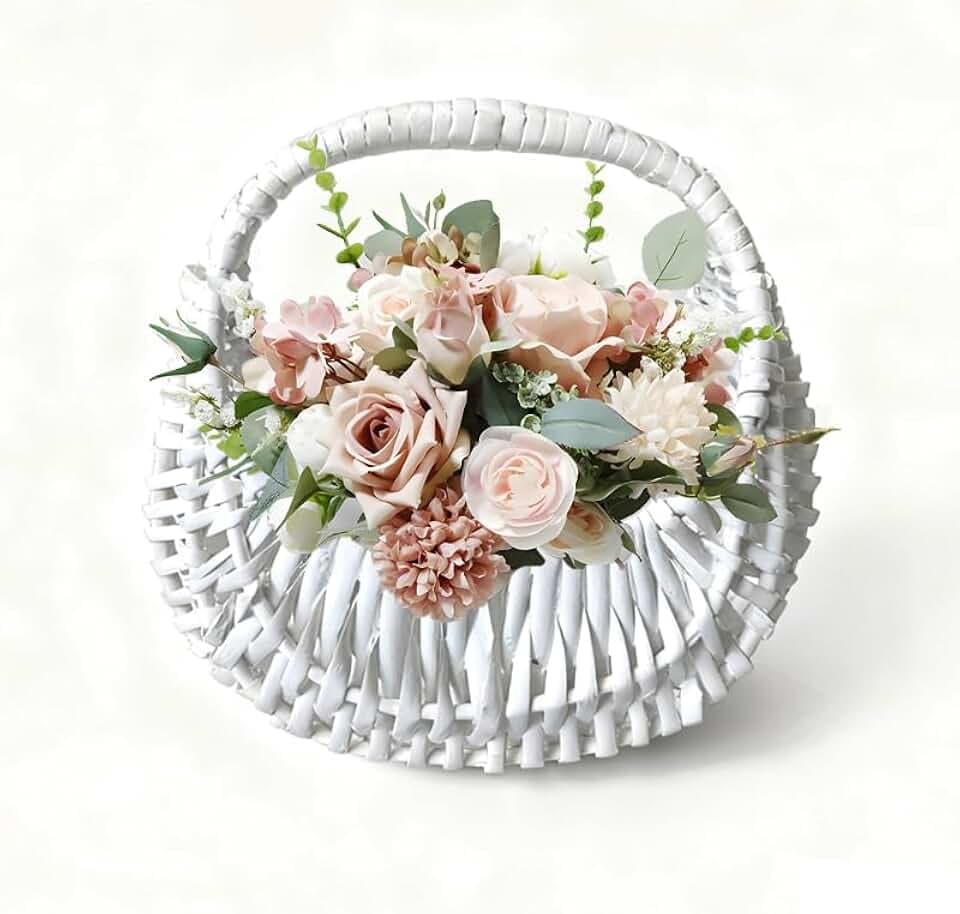 Wicker Flower Girl Basket White,for Wedding,Home,Halloween, Easter,Baby Shower,Picnic