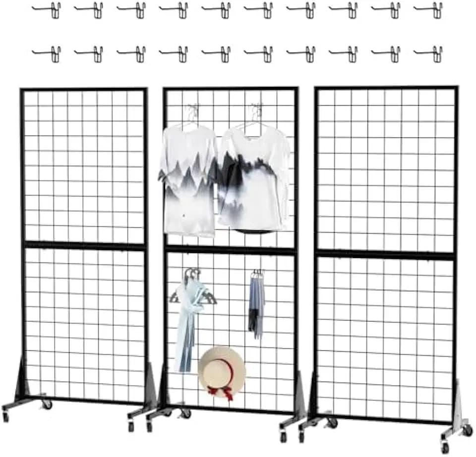 3-Pack 2' x 5.5' Grid Wall Panels Standing Wire Grid, Display Rack with T-Base Wheels Freestanding Gridwall Panel Tower for Shop, for Art Fairs Black