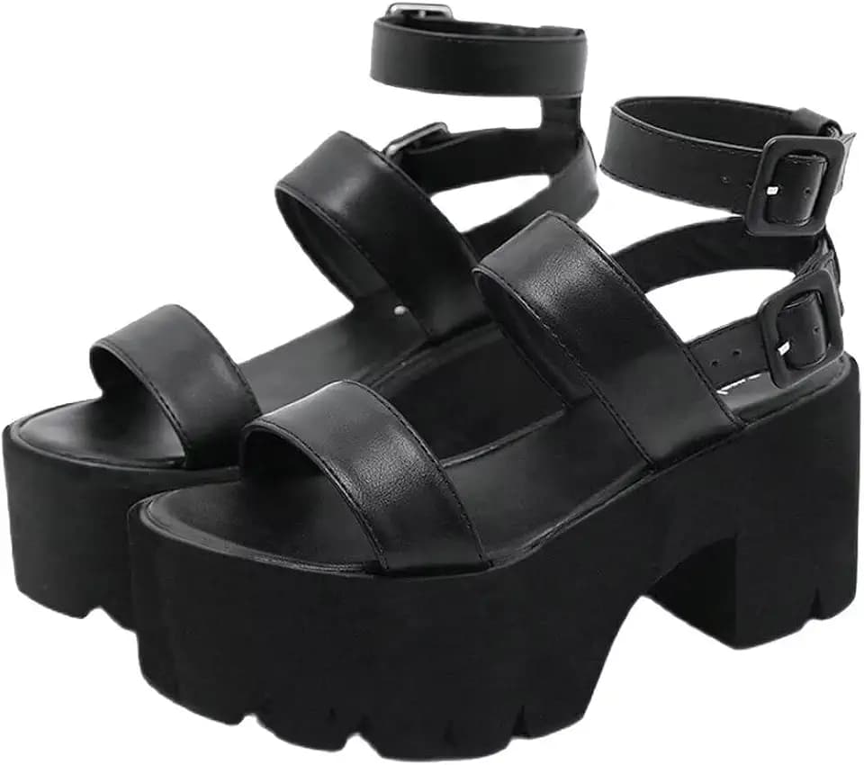 Agodor Women's Goth Black Platform Sandals Ankle Strap Chunky High Heels Open Toe Slingback Roman Gladiator Shoes