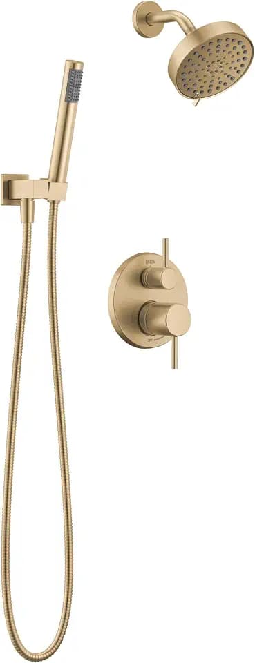 Delta Modern Round Shower System Faucet Set, Brushed Gold 6-inch Shower Head and Handle Set, Valve Trim Kit, Champagne Bronze T342704-CZ (Valve Not Included)