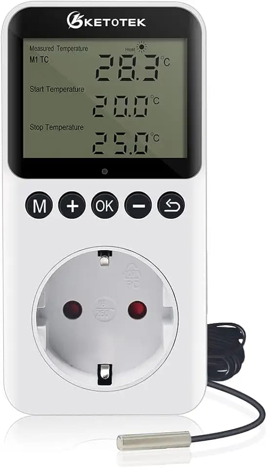KETOTEK Steckdose Thermostat mit Tag Nacht Zeitschaltuhr, Digital Temperaturregler Steckdose 230V mit Fühler, Heizung Kühlung Temperaturschalter Timer für Terrarium Reptilien Inkubator