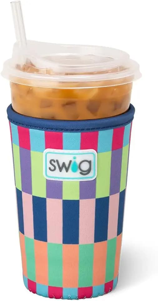 Swig Life Medium Iced Cup Coolie, Standard 22oz Iced Coffee Cup Insulator Sleeve with Handle, Neoprene Insulated Coolie Keeps Drinks Cold (Brite Stripe)