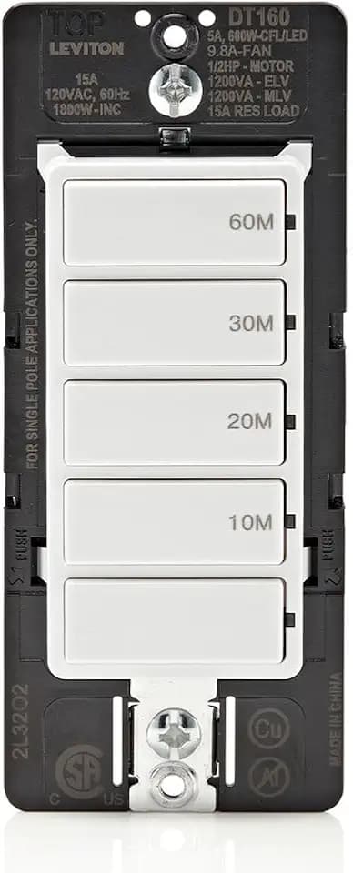 Leviton Countdown Timer Switch for bathroom fan and household lights, 10-20-30-60 min, No Neutral Required, Single Pole, 15A, 1/2HP/9.8A Fan/Motor, DT160-1LW, White