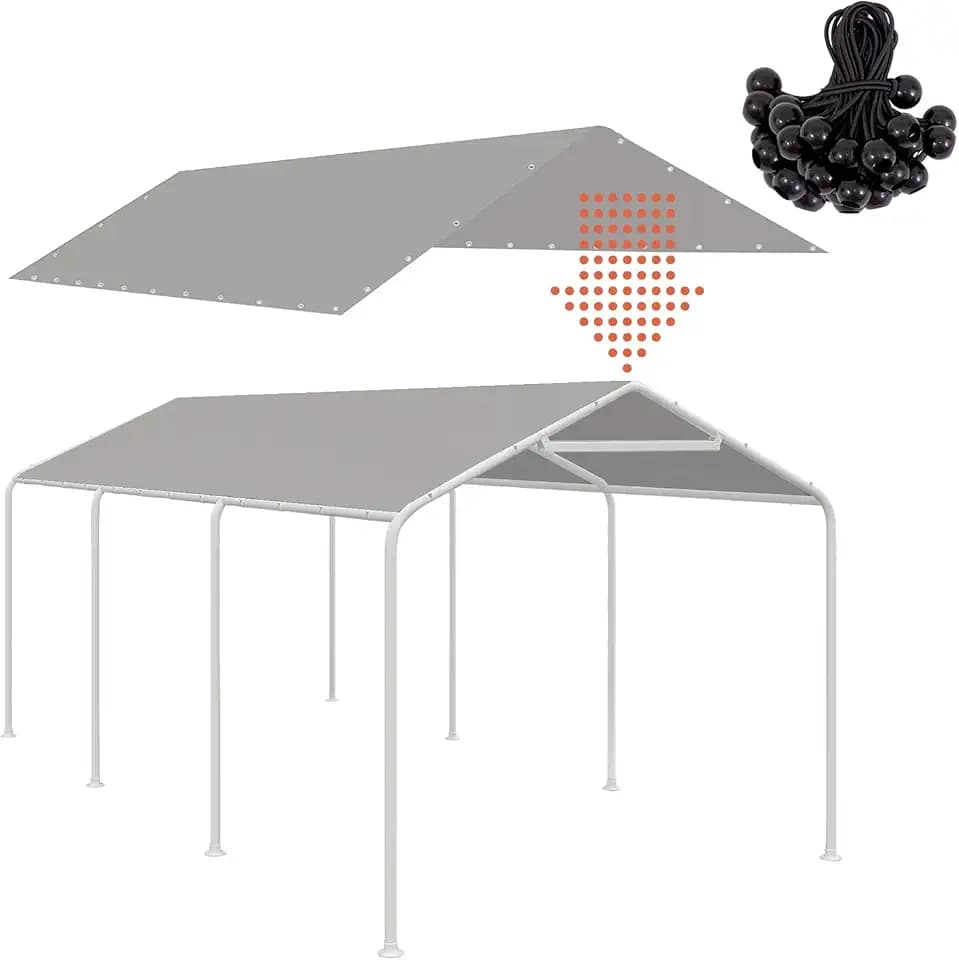 Thanaddo 10 x 20 Ft Carport Replacement Canopy Cover Garage Top Tent Shelter Tarp with Free 44 Ball Bungee Cords,Grey(Only Cover, Frame Not Include)