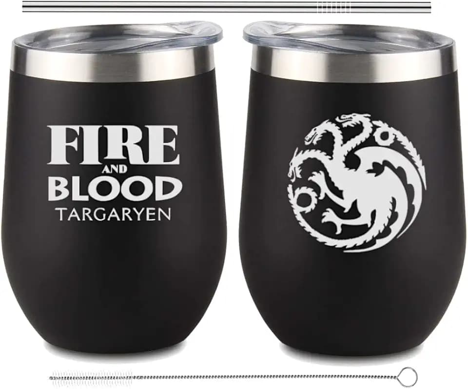 CSM Supply FIRE & BLOOD - House Targaryen Black Stainless Steel Double Insulated Stemless 12oz Dragon Mug (1 MUG) - Metal Game Straw w Cleaning Brush Included