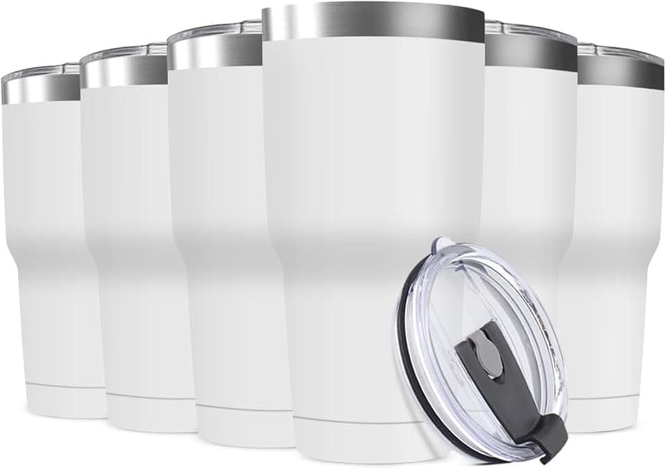 30oz Stainless Steel Travel Mug with Lid, 6 Pack Double Wall Vacuum Insulated Bulk Tumbler, Powder Coated Coffee Cup Suitable for Vehicle Cup Holders(White)