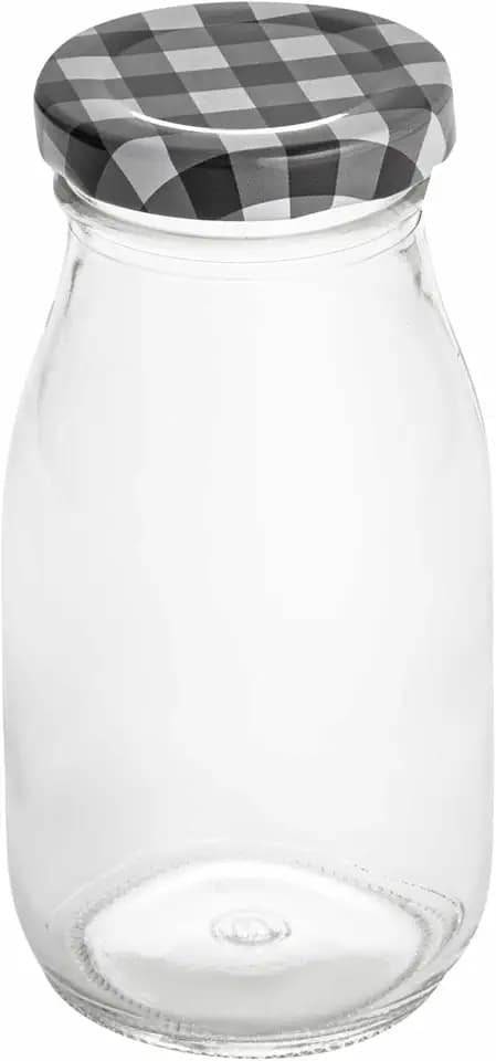 Restaurantware-French Countryside 6 Ounce Glass Bottles, 10 Durable Juice Bottles - With Black Plaid Lid, Dishwashable, Clear Glass Countryside Bottle, For Hot And Cold Beverages
