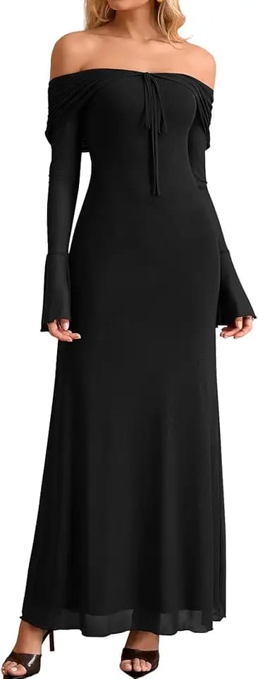 KUTUMAI Elegant Off Shoulder Long Sleeve Maxi Dress Bodycon Tie Formal Wedding Guest Dresses for Women 2025 Fall