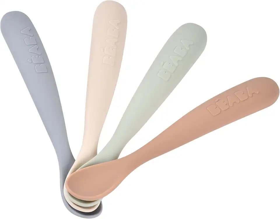 BÉABA 4er-Set Silikon-Babylöffel ab 4 Monaten – Weich, Abgerundete Spitze, Langer Ergonomischer Griff, Staubabweisendes Finish, Antihaft-Silikon – Farbe Natural