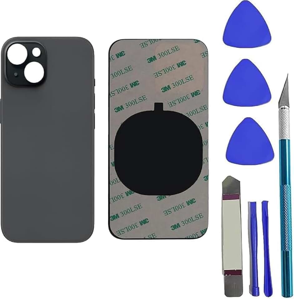 Ersatzrückseite für iPhone 15, Rückseite aus Glas, Schwarz | Mit vorinstalliertem Kleber + Reparaturwerkzeug-Set