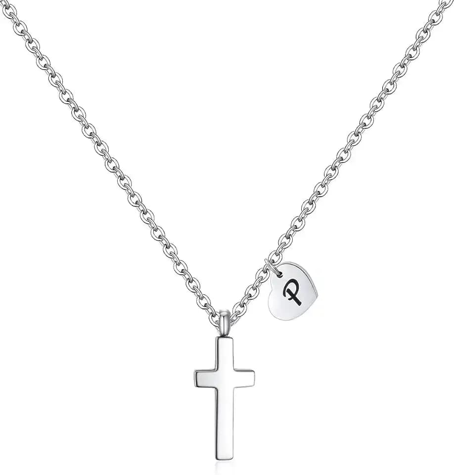 Tiny Cross Initial A-Z Necklace for Kids Girls, Birthstone Cross Necklace for Teens, Stainless Steel Cross Pendant Jewelry First Communion, Baptism, Birthday Gifts