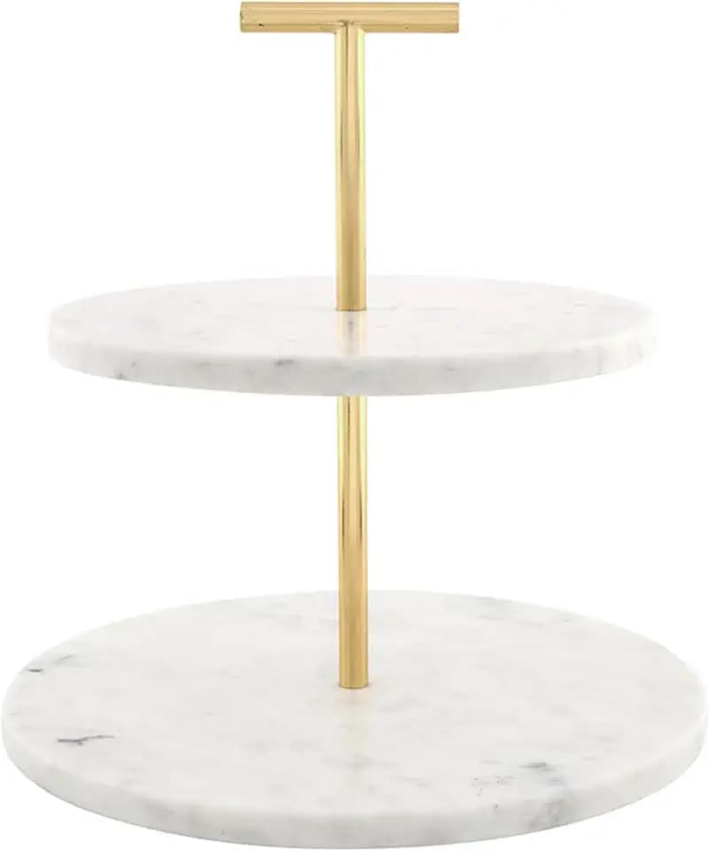 Santa Barbara Design Studio 2-Tiered Marble Tray with Gold Metal Stand Round Serving Tray for Desserts Pastries and Cupcakes, 12" Diameter x 12" H, White/Gold