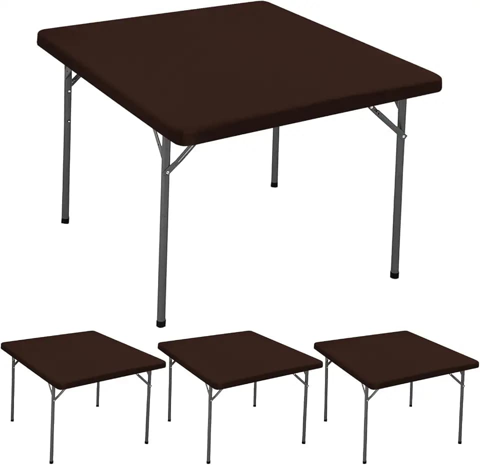 4 Pack Fitted 34 x 34 Inches Tablecloth for Square Card Table Elastic Waterproof Stretch Washable Patio Picnic Table Cover Folding Outdoor Spandex Tablecloth for Camping Banquet and Parties (Coffee)
