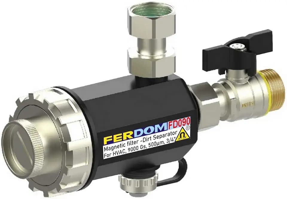 FERDOM FD090 Kompakt Magnetische Filter für Zentralheizung. Mit Nicht Magnetischem Schlammabscheider. Für Wandhängende Gastherme oder Kombitherme. Magnet 9000 Gs, Maschenfilter 1000 Mic. 4 Verbindung.