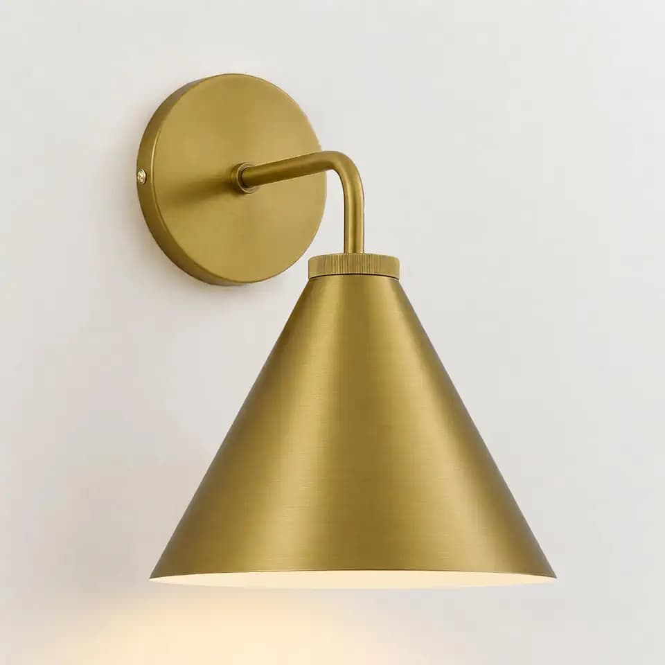 Retro Industrial Metal Cone Sconce Light, Brass, 10.5" Dia x 12.5" H