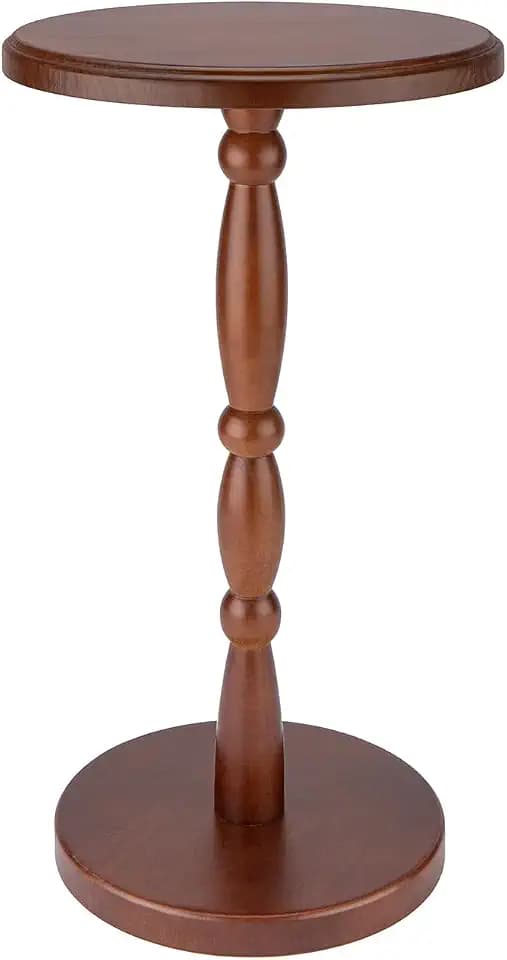 SANY DAYO HOME 12" Real Wood Round Drink Table, Small Pedestal Side Table with Decorative Beaded Design, Accent End Table for Living Room and Bedroom, Brown