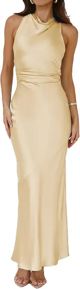 2026 Satin High Neck Backless Maxi Dresses for Women Formal Wedding Guest
