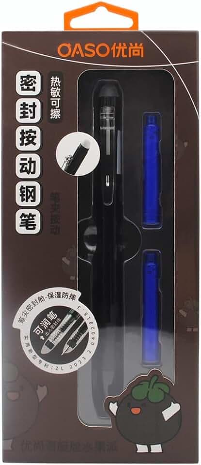 OASO K019 Retractable Erasable Fountain Pen Set 0.5mm with 2pcs Blue Ink Cartridges Smooth Writing for School Students(Black)
