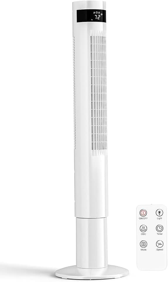 Antarctic Star 43 inch Tower Fan Portable Electric Oscillating Fan Quiet Remote Control Bladeless Floor Fan 3-Speed Wind Mode 12H Timer Bedroom Office White
