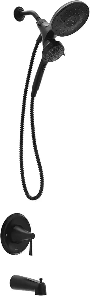 Moen Ronan Matte Black Handshower and Rainfall Shower Head Trim Combo with Handle, Tub Spout, and Metal Hose, 82024BL