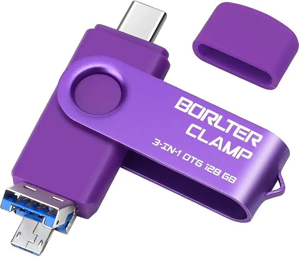 BorlterClamp 128 GB 3-in-1 USB-Stick für Android Handys, OTG USB 3.0 Flash-Laufwerk Mit 3 Anschlüssen (Typ-C/MicroUSB/USB-A) für Samsung Galaxy, Laptops und Mehr (Violett)