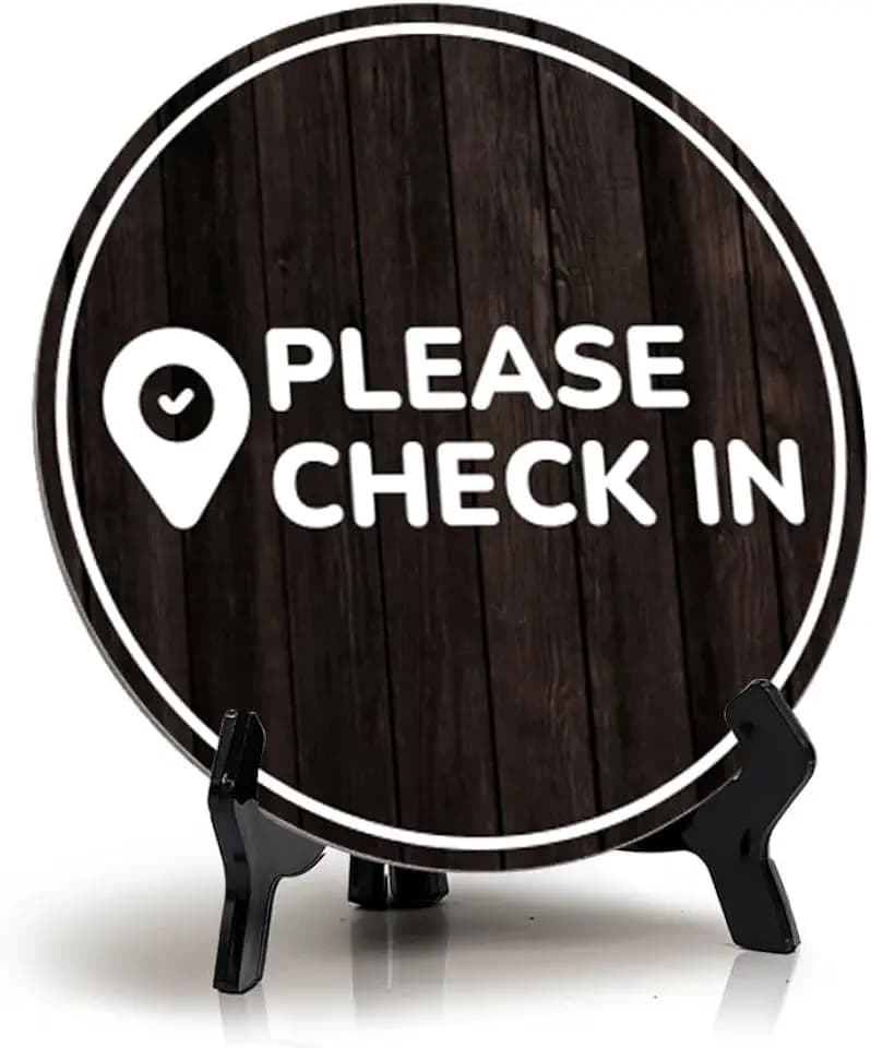 Please Check In Circle Table Sign with Acrylic Stand (5x5") | Business Reception Desk Kiosk Sign
