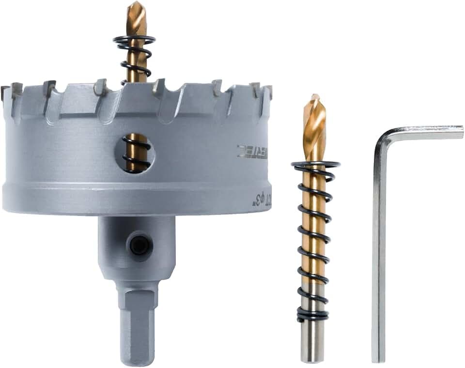 POWERTEC 3" Tungsten Carbide Hole Saw for Soft & Hard Metal | Tungsten Carbide Tipped Hole Cutter Set with Titanium-Plated Pilot Drill Bit for Metal, Stainless Steel, Iron, Wood, Plastic (14906)