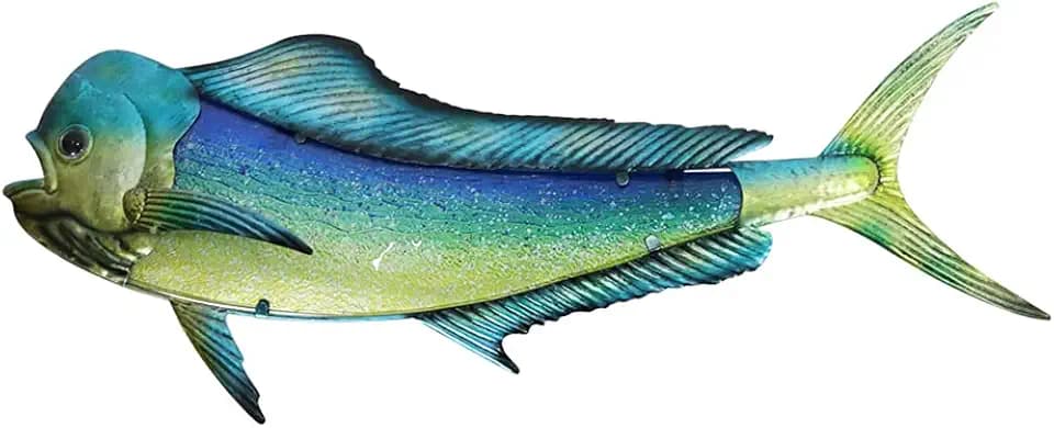 LIFFY Metal Mahi Wall Art Indoor Outdoor Metal Fish Wall Decor Fish Wall Hanging Decorative Ornaments Glass Nautical Theme Home Wall Decorations for Office,Pool,Bathroom - 36 Inches Long