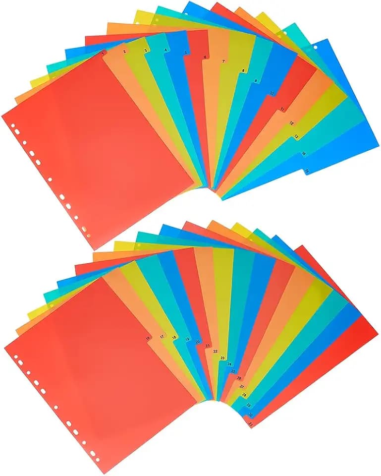 PH PandaHall 31 Tabs Number Binder Dividers 1-31 Tabs Dividers Multicolor Loose Leaf Binders Divider Plastic Page Divider for 2/3/4/11 Ring Binders Office School Student Teacher, 11.6x8.2 Inch
