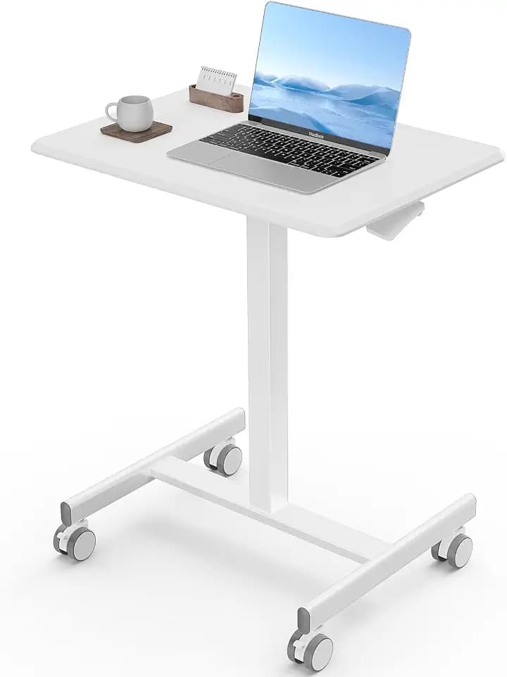 Mobile Standing Desk Rolling Laptop Stand with Wheels, Adjustable Height Computer Table for Couch, Workstation, Home Office, 25.7'' × 19'' White