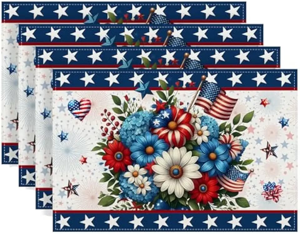 Memorial Day Patriotic 4th of July Placemats Set of 4,Red White and Blue Flowers Table Decor Veterans Day Independence Day Decorations and Supplies for Home Kitchen Table-12×18''