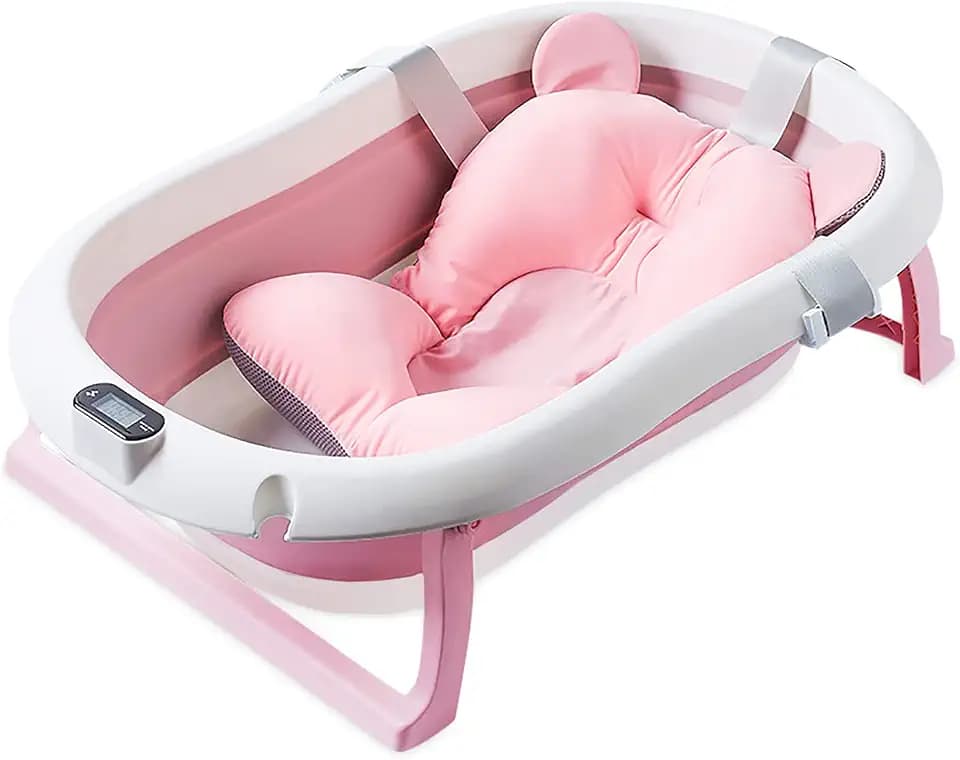 SONARIN Faltbare Baby Badewanne mit Echtzeit-Temperaturmessung,Tragbare Anti Rutsch Badewanne für Babys,Baby-Duschwanne mit Sicherheitsbadesitz Ablassschraube für Neugeborene,Kleinkinder(Rosa)