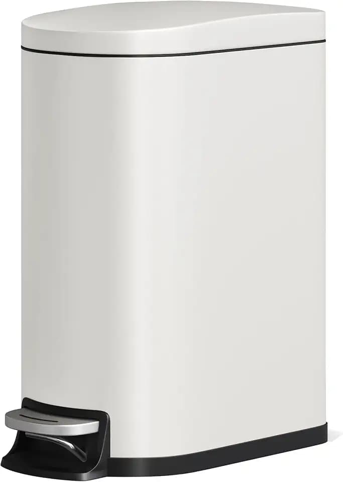 Garvee Slim 13 Gallon Trash Can with Lid, Step-on Metal Kitchen Garbage Bin with Lid & Inner Bucket, Rustproof Design, Soft-Close Lid & Rear Handle for Easy Use, Creamy White
