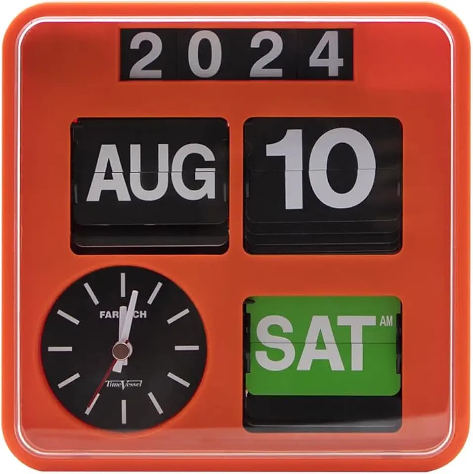 Retro Modern 9.45 Inches Calendar Day Date Flip Desk Wall Clock (Black)(No Battery Included) (Amber)