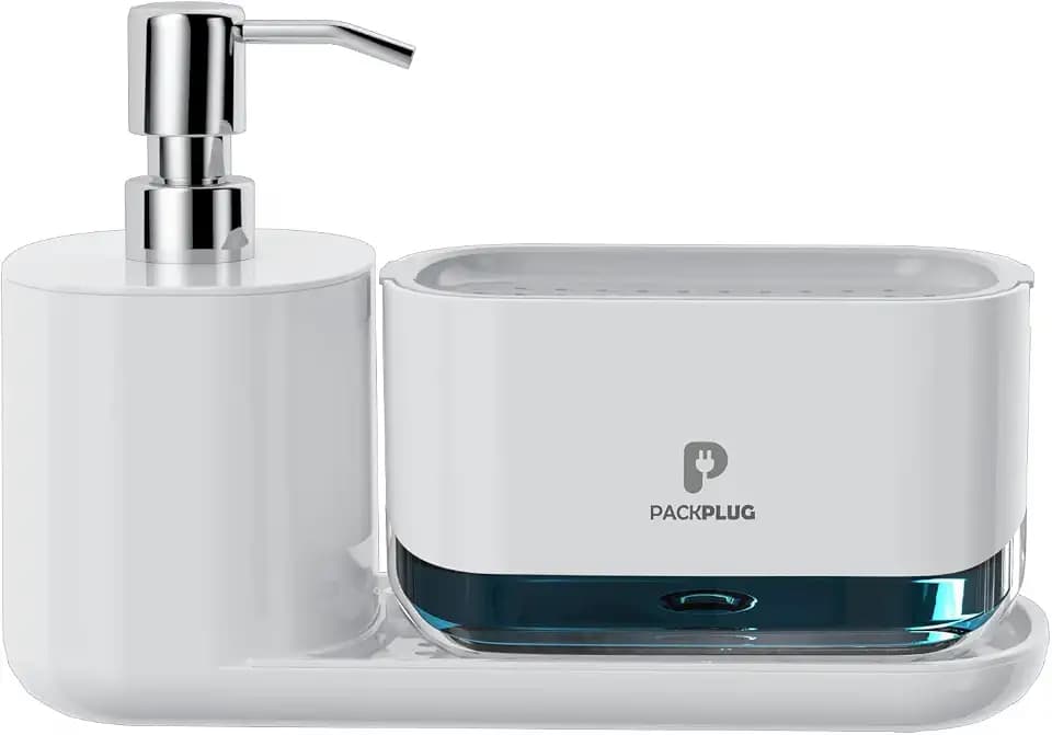 Automatic Dishwasher Soap Dispenser Set, Satisfying Squeeze Double Soap Pump, Premium Sponge Tray, Kitchen Sink Organizer, Instant Refill Soap Holder, 2 Minutes cleanup, Hand Pressed, Modern (White)