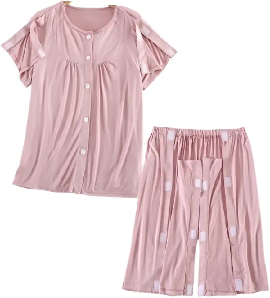 Bedridden Patient Clothing,Unisex Summer Short Fracture Suit,Disability Clothing with Fully Open on Both Sides,Post Surgery Tear Away Tops and Shorts Set(Woman,Pink,L)