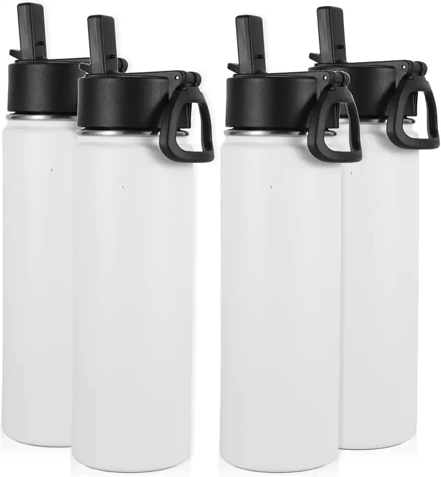Volhoply Insulated Water Bottles with Straw Bulk 4 Pack, Not Suitable for Sublimation, 22 oz Stainless Steel Double Walled Vacuum Sports Bottle with Handle Lid,(White,4 Set)