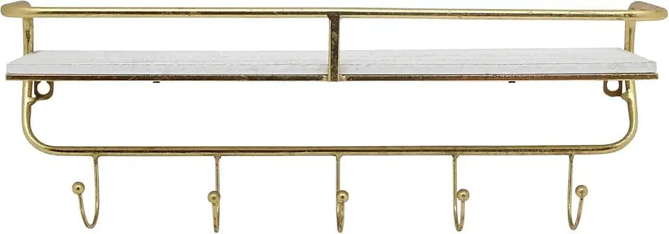 Casual Decorative Wall Shelf with 5 Hooks – Industrial Iron & Wood Home Decor Floating Display Shelf – Modern Wall Shelves for Bathroom, Bedroom & Living Room – 8", Gold