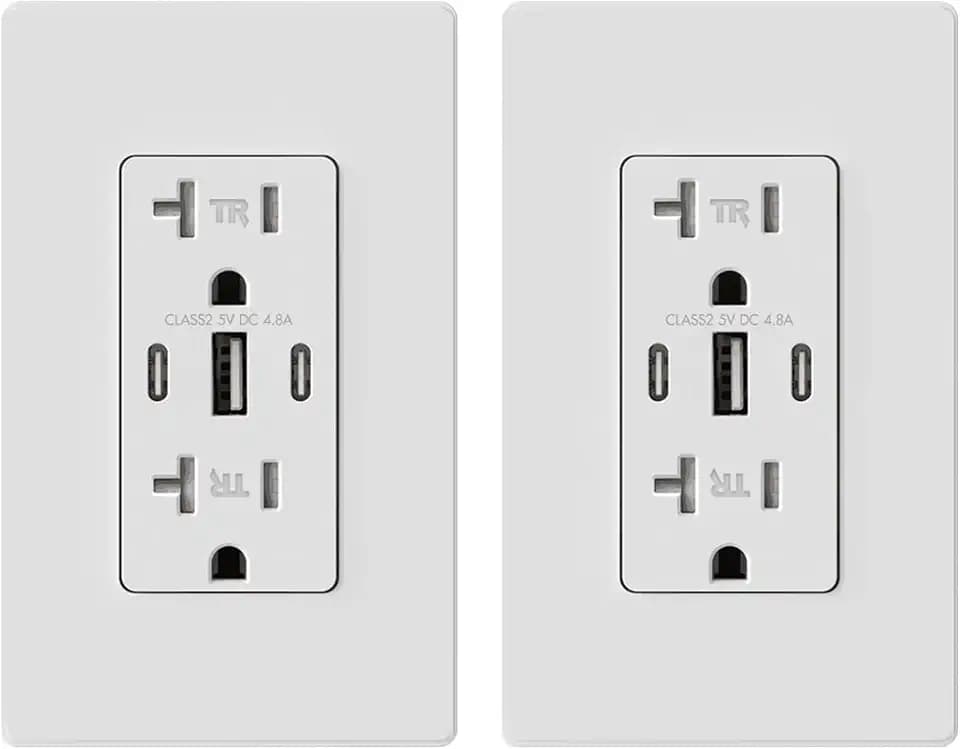 Micmi USB C Wall Outlet, 24W 4.8 Amp 3-Port Type C Charger 20A Tamper Resistant Receptacle with Dual Type C & A Ports, ETL& FCC Listed, Wall Plate Included, Matte White 2Pack