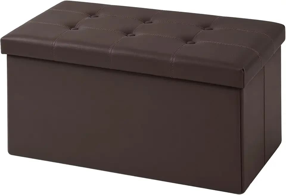 30 Inches Folding Storage Ottoman Bench, Faux Leather Footstool Ottoman, Storage Trunk Footrest for Bedroom, Living Room and Hallway, Support 350lbs, Brown(Brown line)