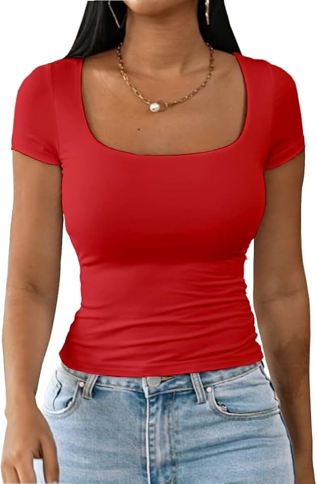Dwnval Womens Square Neck Double Lined Tops, Modal Short Sleeve Crop Top