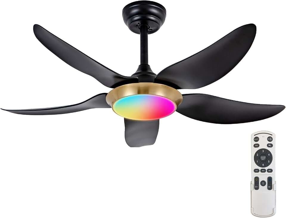 Ceiling Fan with Color Chasing Light - RGB & Dimmable LED via Remote & APP, 6-Speed Reversible DC Motor, Quiet Modern Design for Gazebo Pavilion Bedroom Living Room, 42 Inch Black Gold