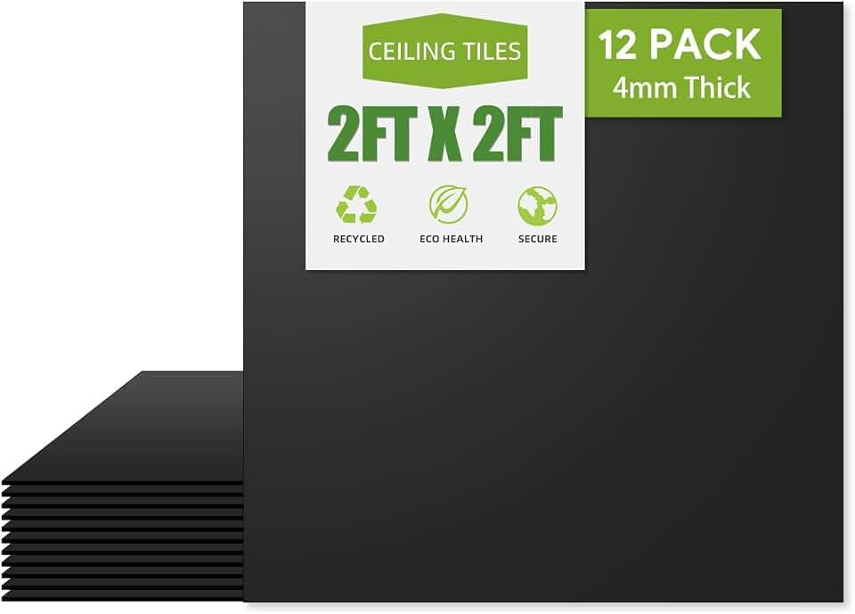 Noooza 2ft x 2ft Drop Ceiling Tiles,Smooth Black PVC Ceiling Tiles 24 x 24in. Waterproof, Washable and Fire-Rated - Reusable - High-Grade PVC to Prevent Breakage-Package of 12 Tiles