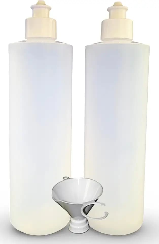 2 Pack Refillable 16 Ounce HDPE Squeeze Bottles With Push/Pull Button Top Dispenser Caps-Great For Lotions, Shampoos, Conditioners and Massage Oils-Includes our patented thread-on funnel