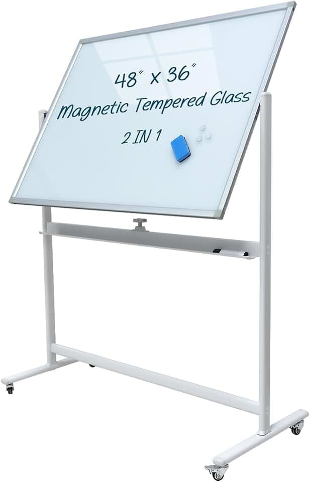 Rolling Whiteboard Premium Tempered Magnetic Whiteboard 48"x36" Flip Chart with 4 Wheels 2-in-1 Easel-Style Dry Erase Message Bulletin Board (White)