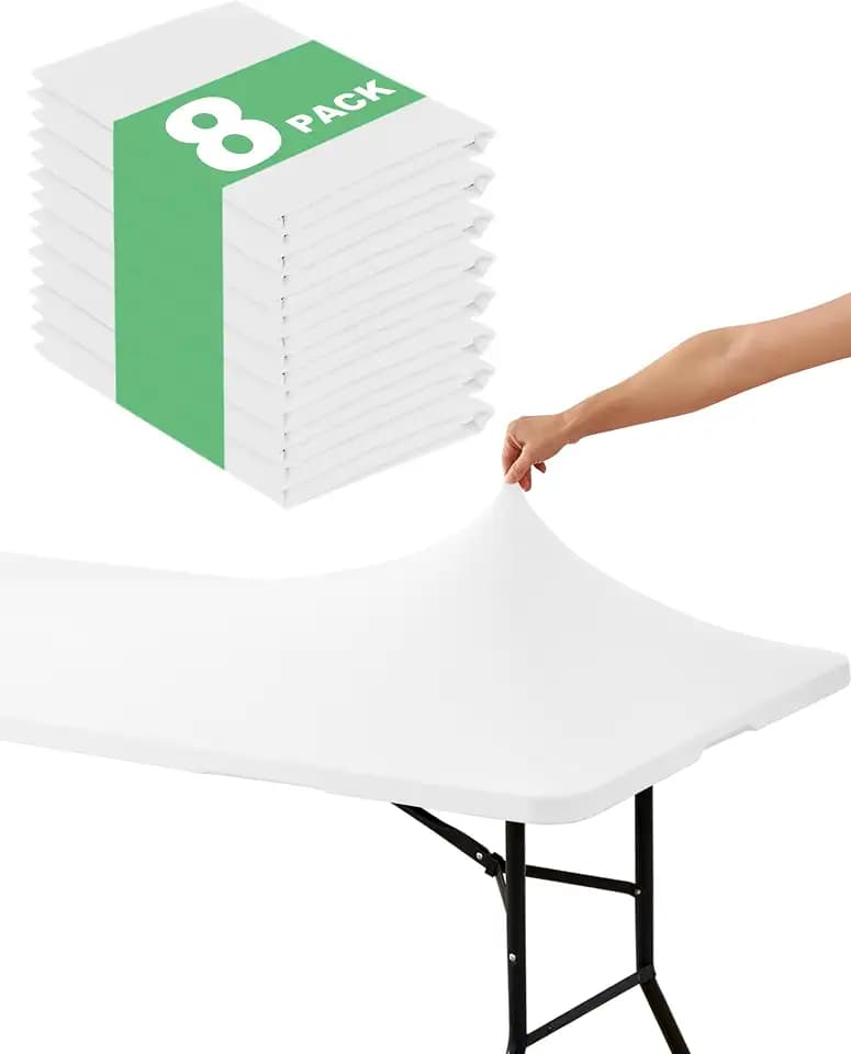 Fitted Tablecloth Rectangle Table Cloths with Elastic, 6 ft, White, 8 Pack