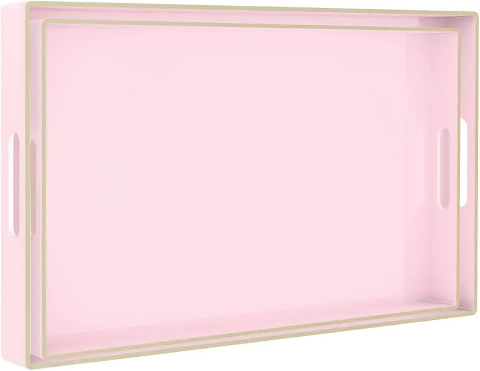 MAONAME Pink Serving Tray with Handles, Plastic Decorative Tray Set of 2